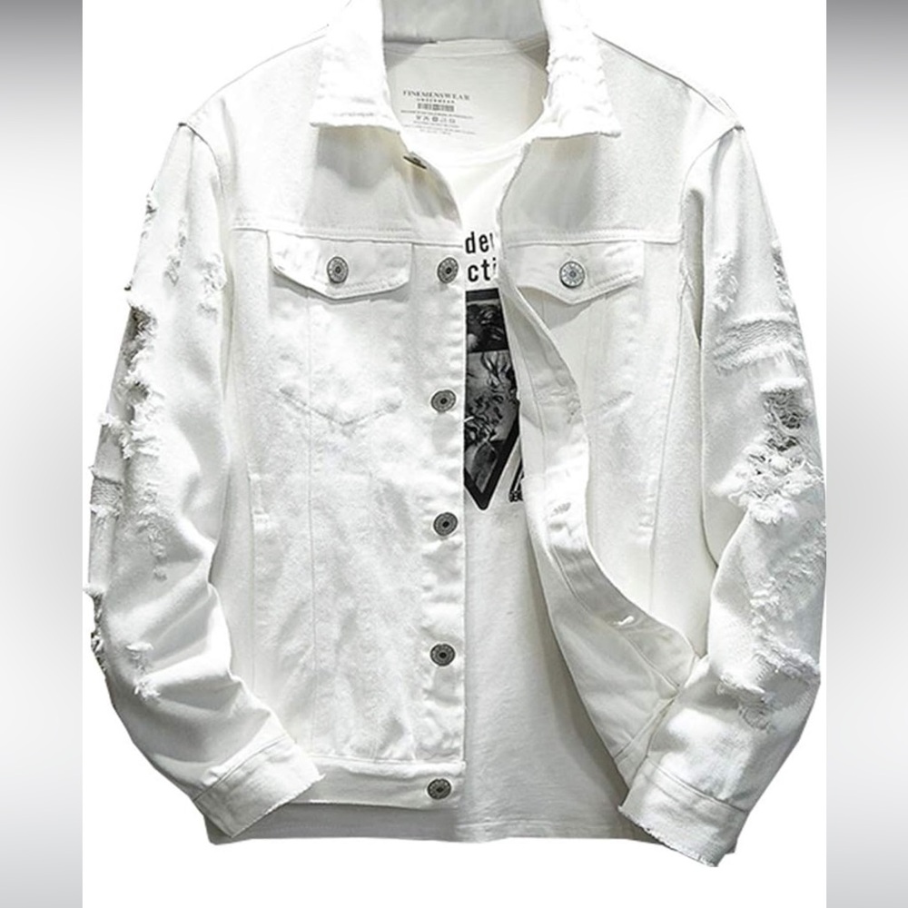 White Distressed Denim Jacket - Men
